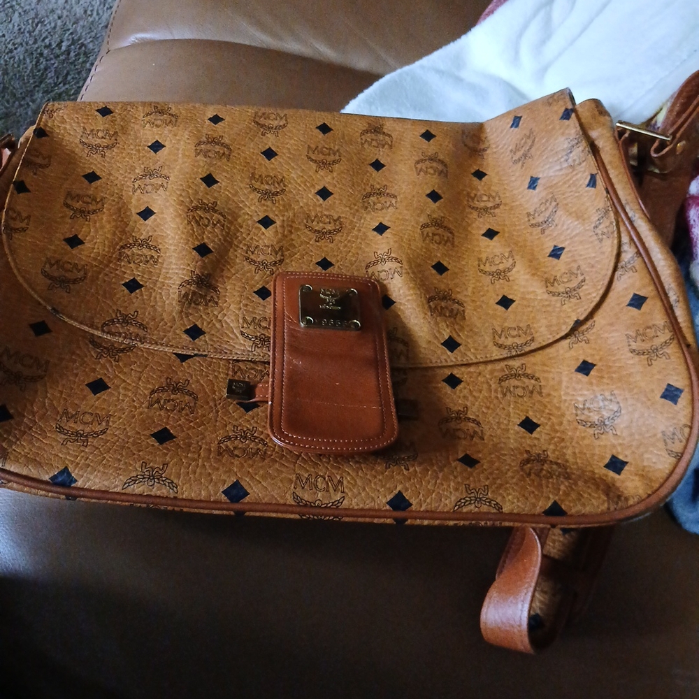 MCM Brown Messenger Bag with Monogram Print and Gold Hardware